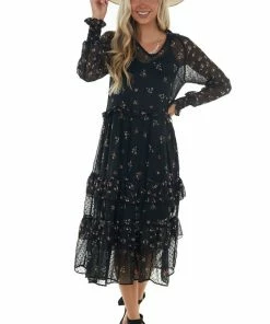 ANGIE Black Swiss Dot Floral Print Midi Dress