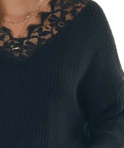 Davi & Dani Tops Black Lace V Neck Long Sleeve Ribbed Sweater