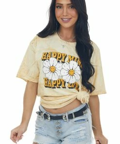 Sweet Claire Buttercream Dyed 'Happy Life' Oversized Graphic Tee Tops
