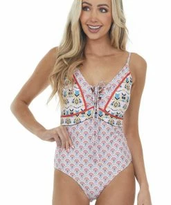Davi & Dani Rust And Mustard Printed Lace Up Neck Swimsuit