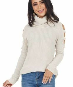Lovely Melody Oatmeal Ribbed Knit Long Ladder Sleeve Cowl Neck Top Tops