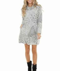 First Love Heather Grey Leopard Print Cowl Neck Dress With Pockets 30 First Love Heather Grey Leopard Print Cowl Neck Dress With Pockets