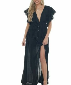 Peach Love Black Button Front Plunging V Neck Maxi Dress