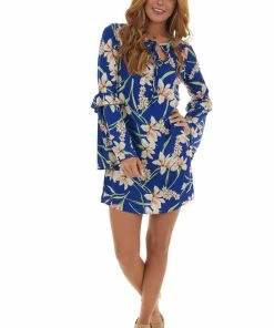 ROKOKO Royal Blue Floral Long Bell Sleeve Short Dress