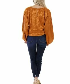 Flying Tomato Caramel Leopard Long Sleeve Top With Front Tie Tops