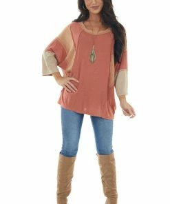Easel Tops Terracotta Colorblock Boat Neck Outseam Top