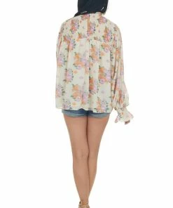 Entro Light Sand Floral Print Smocked Yoke Blouse