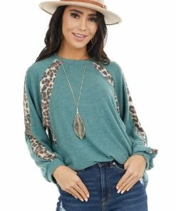 Cotton Bleu Pine Green And Leopard Print Colorblock Long Sleeve Top Tops