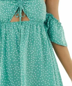 EPretty Light Juniper Polka Dot Off The Shoulder Dress With Ruching Dresses 31 EPretty Light Juniper Polka Dot Off The Shoulder Dress With Ruching Dresses