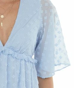 Sweet Lemon Powder Blue Swiss Dot V Neck 3/4 Sleeve Dress Dresses
