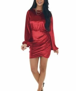 Main Strip Dresses Cherry Velvet Mini Dress With Surplice Back And Tie Detail