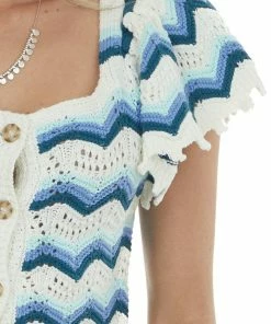 Entro Ivory And Cornflower Chevron Crochet Knit Top Tops