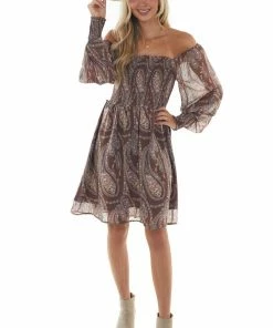 143 Story Mocha Paisley Print Smocked Woven Short Dress Dresses