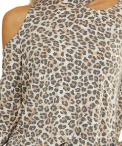 Haptics Cognac Leopard Print Cold Shoulder Long Sleeve Knit Top Tops
