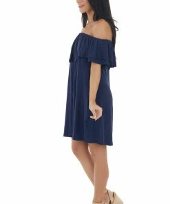 Sweet Lovely Navy Off The Shoulder Mini Dress With Ruffle Overlay