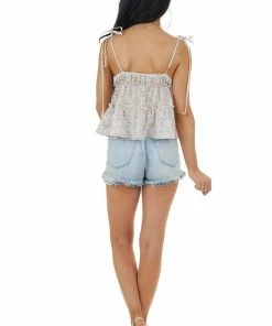 HYFVE Off White Floral Print Sleeveless Blouse With Tie Straps