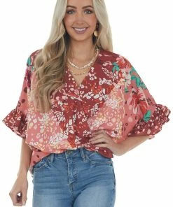 Umgee Dark Rust Multiprint Short Sleeve Surplice Top Tops
