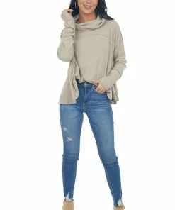 Blue B Oatmeal Cowl Neck Long Sleeve Brushed Knit Top Tops