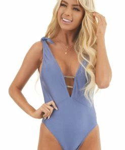 Envya Accessories Shimmery Dusty Blue One Piece Swimsuit With Plunge Neckline 26 Envya Accessories Shimmery Dusty Blue One Piece Swimsuit With Plunge Neckline