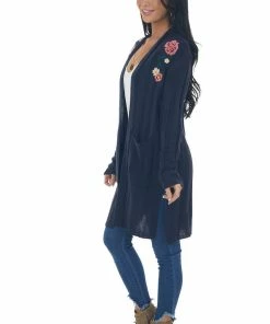 IWT Brands Navy Ribbed Cardigan With Floral Embroidery Tops 13 IWT Brands Navy Ribbed Cardigan With Floral Embroidery Tops