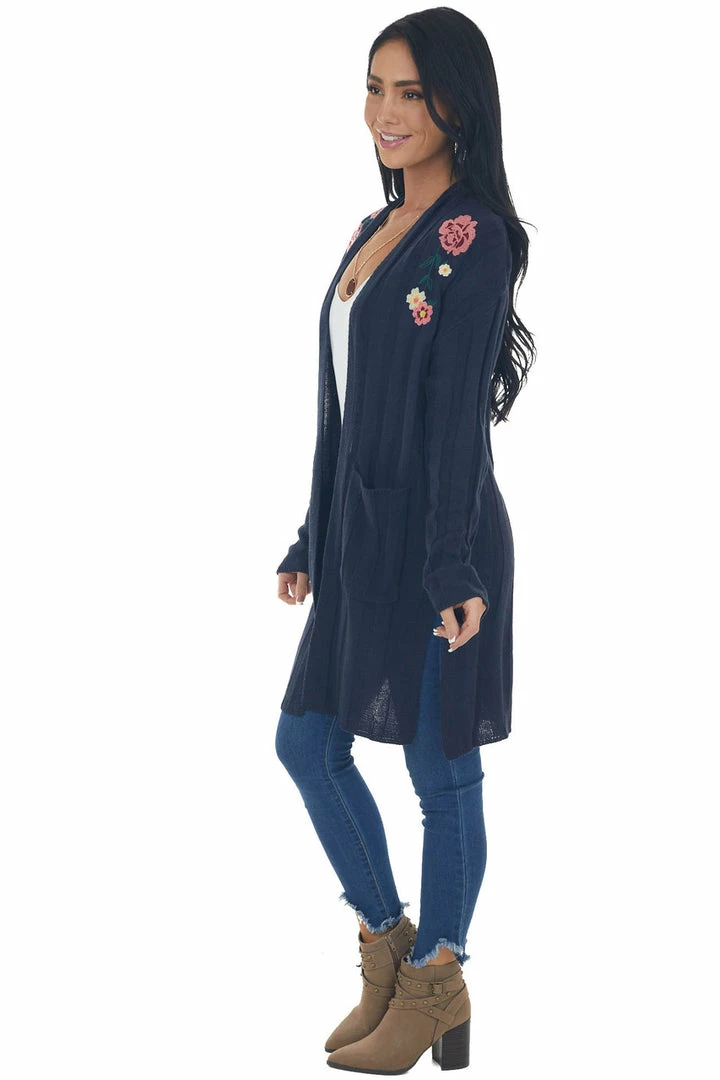 IWT Brands Navy Ribbed Cardigan With Floral Embroidery Tops 6 IWT Brands Navy Ribbed Cardigan With Floral Embroidery Tops