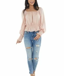 She + Sky Tops Peach Peplum Crop Top With Bubble Sleeves And Smocked Cuffs