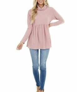 Haptics Dusty Blush Babydoll Ribbed Turtleneck Top With Long Sleeves