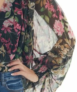Flying Tomato Tops Black Floral Surplice Bubble Sleeve Bodysuit 32 Flying Tomato Tops Black Floral Surplice Bubble Sleeve Bodysuit