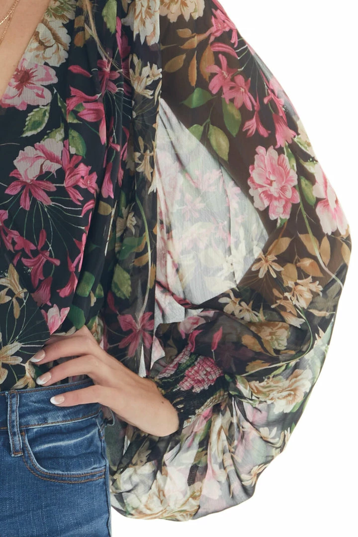 Flying Tomato Tops Black Floral Surplice Bubble Sleeve Bodysuit 17 Flying Tomato Tops Black Floral Surplice Bubble Sleeve Bodysuit