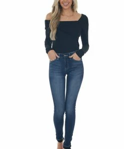 143 Story Black Off Shoulder Overlay Detail Bodysuit Tops