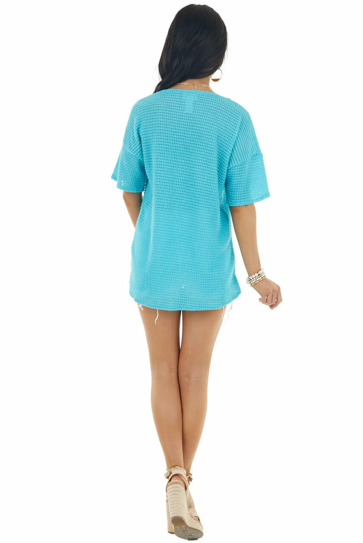 BiBi Aqua Waffle Knit V Neck Short Sleeve Top With Lace Detailing Tops 17 BiBi Aqua Waffle Knit V Neck Short Sleeve Top With Lace Detailing Tops
