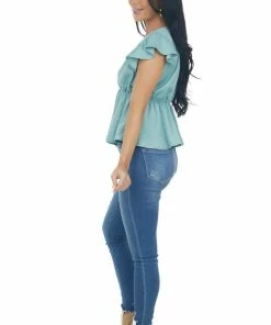 Entro Juniper V Neck Short Flutter Sleeve Blouse