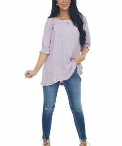Umgee Lilac Woven Half Bubble Sleeve Top With Frayed Hem Tops