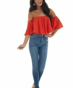 Fantastic Fawn Tops Dynamite Off The Shoulder Woven Flowy Crop Top