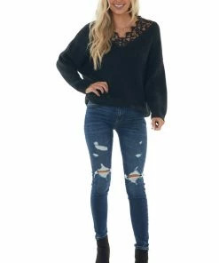 Davi & Dani Tops Black Lace V Neck Long Sleeve Ribbed Sweater