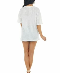 BiBi Off White Waffle Knit V Neck Short Sleeve Top With Lace Tops
