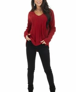 143 Story Tops Maroon Long Sleeve Wide Neck Knit Top With Ribbed Detail 33 143 Story Tops Maroon Long Sleeve Wide Neck Knit Top With Ribbed Detail