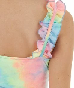 Entro Tops Multicolor Tie Dye Sleeveless Bodysuit With Ruffled Straps
