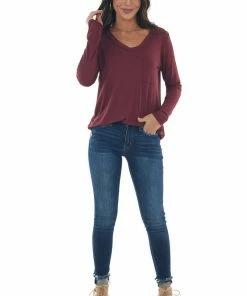 143 Story Wine Exposed Stitch Chest Pocket Knit Top Tops