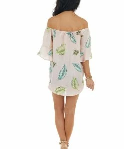 CY Fashion Tops Dusty Blush Leaf Print Off Shoulder Blouse With Front Tie