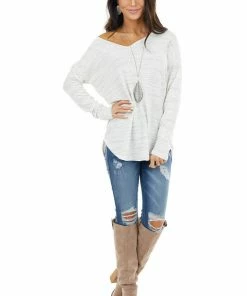 Staccato Dove Grey Stripe Patterned Top With Long Sleeves Tops