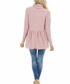 Haptics Dusty Blush Babydoll Ribbed Turtleneck Top With Long Sleeves