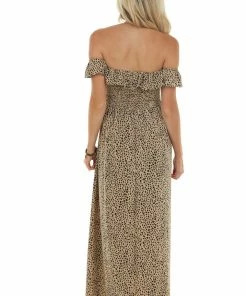 Vine & Love Latte Cheetah Print Off Shoulder Maxi Dress