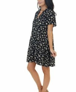 Umgee Black Ditsy Floral Tiered Babydoll Short Dress With Collar