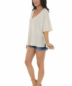 CY Fashion Tops Champagne Drop Shoulder Knit Top With Crochet Detail