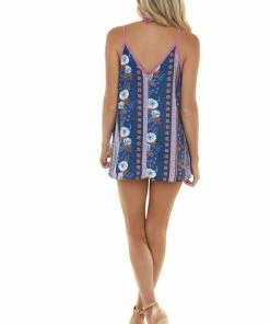 Haptics Catalina Blue Printed V Neck Overlay Tank Top Tops