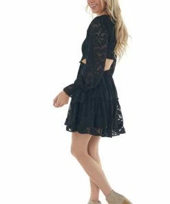 Peach Love Black Floral Textured Cut Out Waist Mini Dress Dresses 36 Peach Love Black Floral Textured Cut Out Waist Mini Dress Dresses