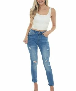 Special A Mid Dark Wash Mid Rise Distressed Skinny Jeans Bottoms