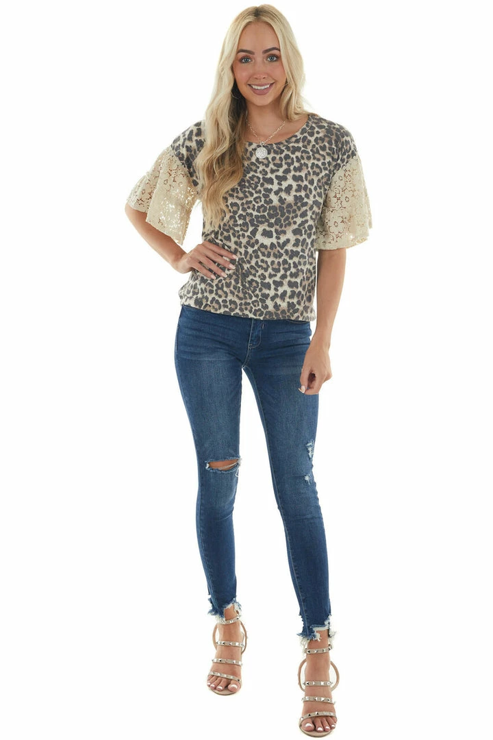 BiBi Latte Leopard Print Top With Short Floral Lace Bell Sleeves 15 BiBi Latte Leopard Print Top With Short Floral Lace Bell Sleeves