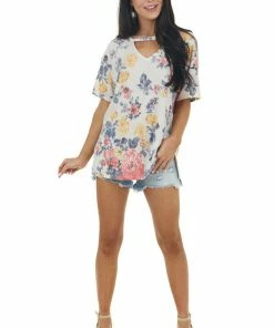 HOPELY Tops Eggshell Floral Print Short Sleeve Top With Cut Out Detail